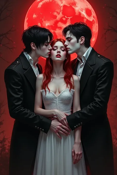  red-haired teenage girl in the middle of two boys in her twenties pale black-haired vampires  ,   She dressed in white and kiss...