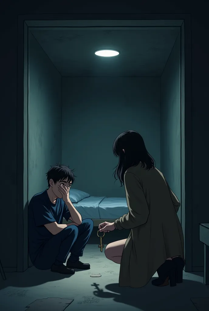 create a anime type image about a  dark room basement (basement have one single bed, window in bedside, table and something you ...