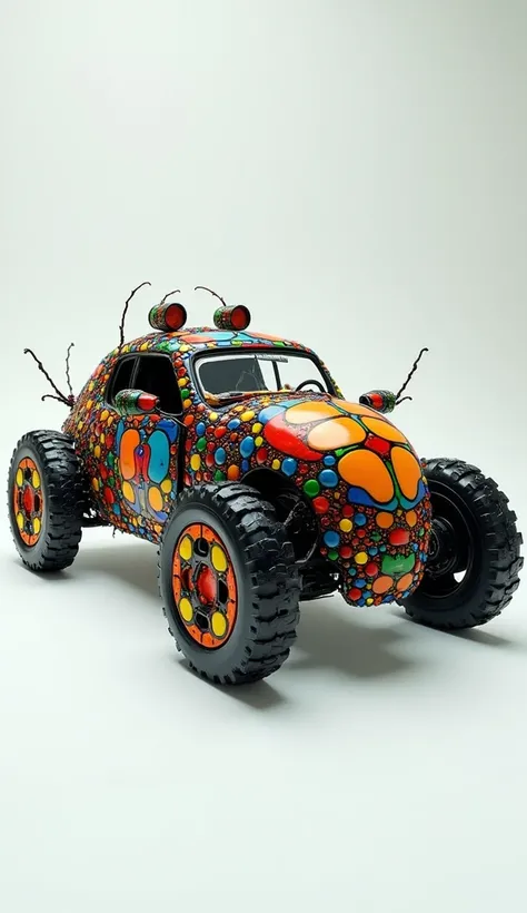 hyperrealistic photo of a beetle vehicle made entirely of colorful beetles