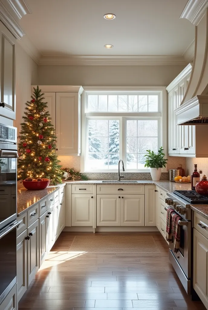 elegant classic kitchen design ,  in light colors and christmas decoration.