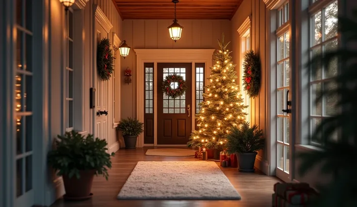 A hyper-realistic image of a cozy home hallway leading to the front door of the residence. The hallway is warmly lit, with a sof...