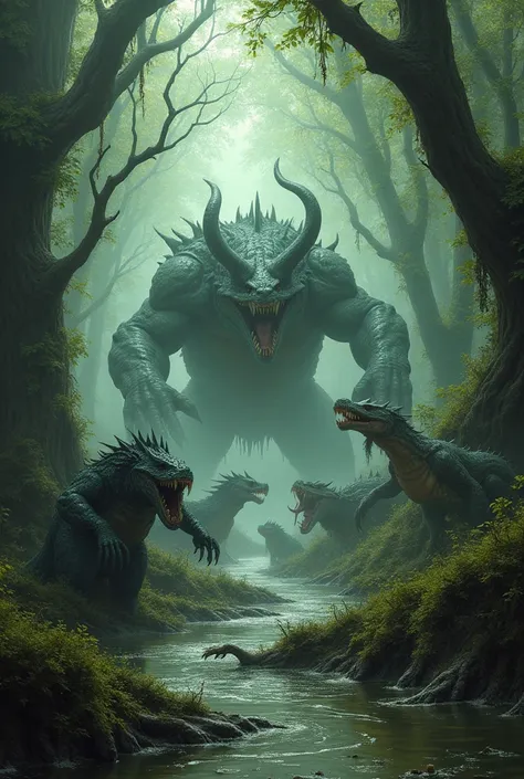 multiple fantasy enemies in a swamp