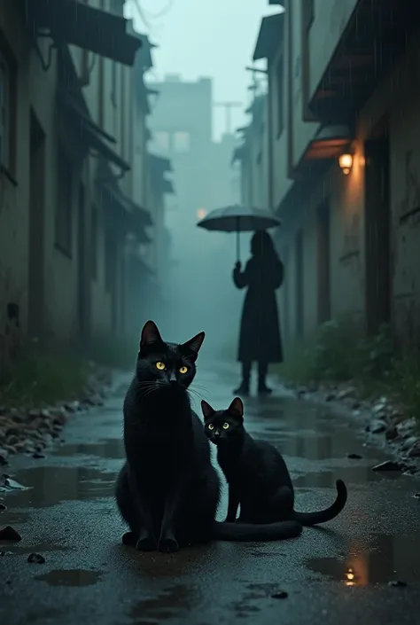 create images of stray black cats, abandoned people catching rain