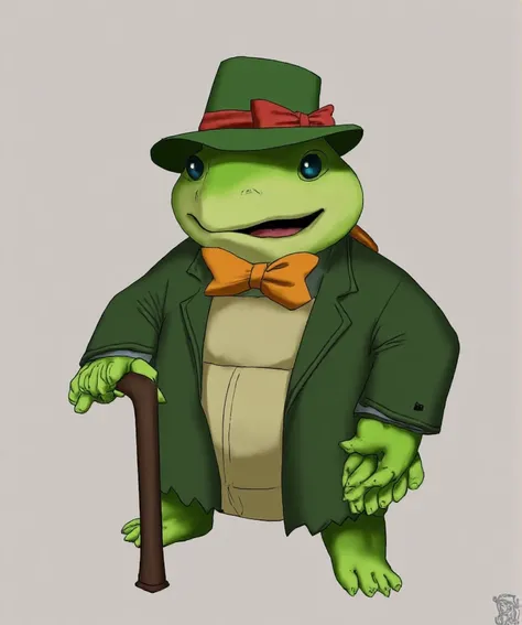 a turtle dressed in a green hat and a green coat holding a cane, concept art inspired by herb aach  ,  deviantart contest winner...