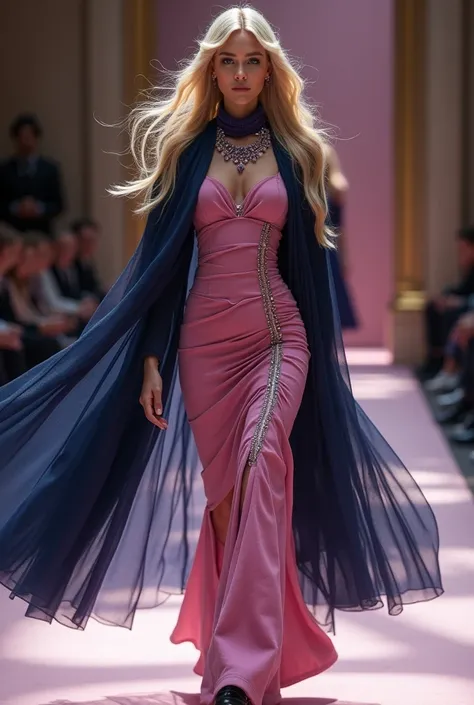 fashion show, blonde woman, very long blond hair, dark blue eyes, with pink suede dress sewn in pieces, length to the knees, hig...