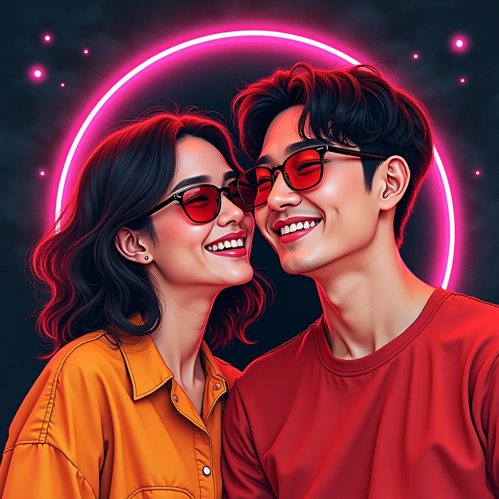 drawing of  korean couple  , handsome and beautiful  , water color , neon , smile , ,wearing red orange attire sunglasses , add ...