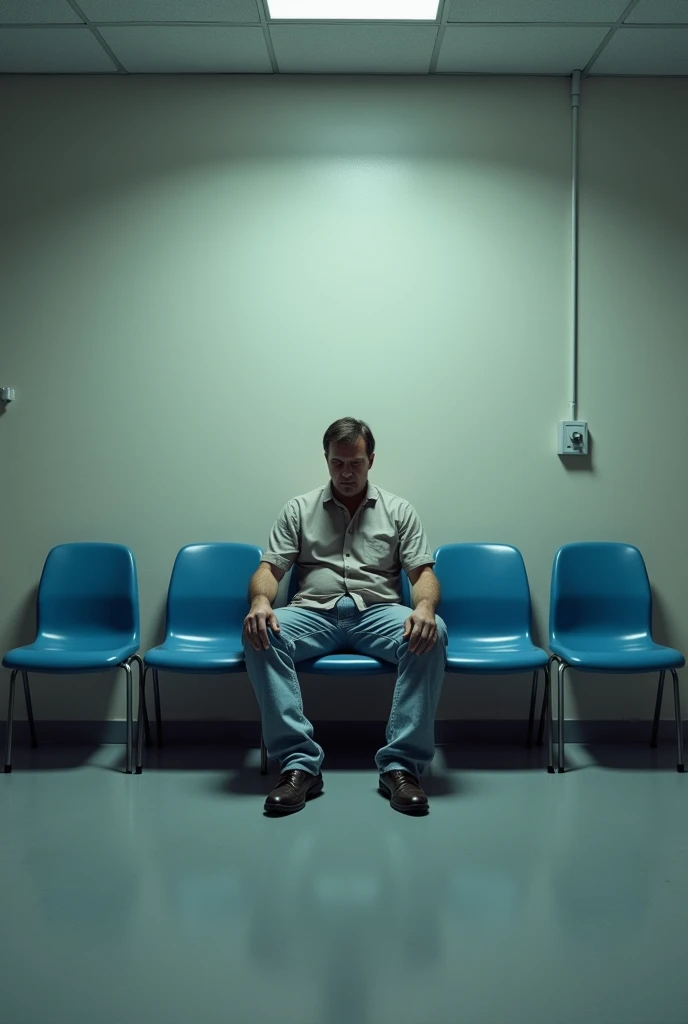 a man inside an ugly hospital sitting on a blue colored chair with 4 blue chairs next to him