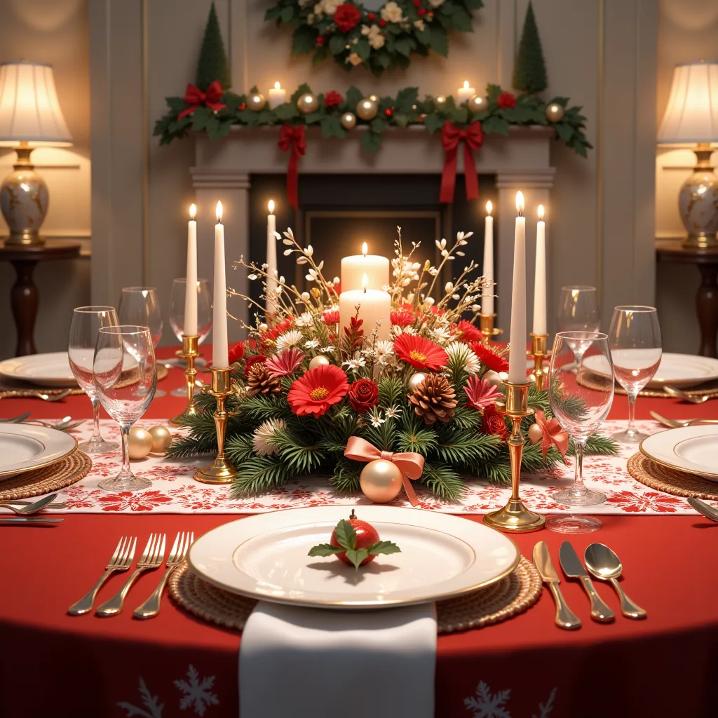 decoration centered around the dinner table,  christmas dinner table 、 candles、red and white tablecloth 、 gold cutlery 、glass、ri...