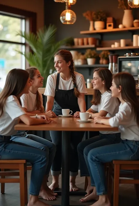 realistic photo, young waitress talking to 13-yo white girls in coffee shop, all barefoot