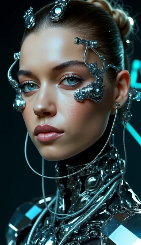 a highly detailed, realistic photo of a cybernetic woman. her face is a seamless blend of human beauty and advanced technology, ...