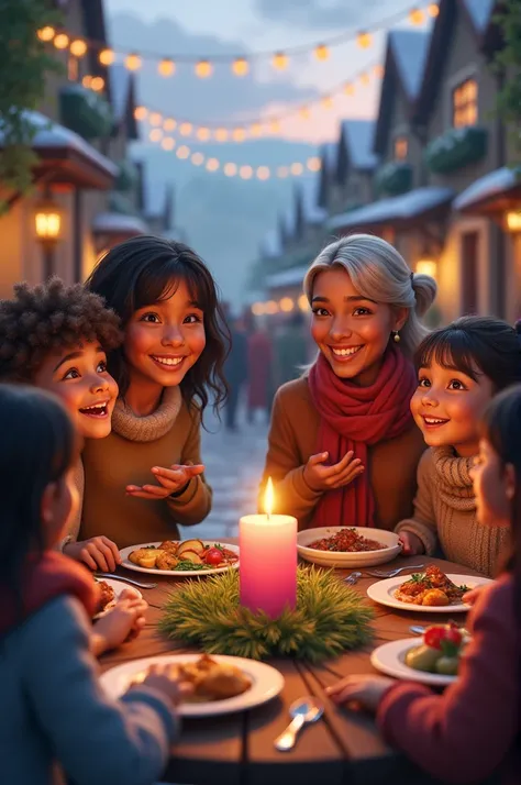 prompt:
a diverse group of people gathered in a small village square, exchanging smiles and sharing meals. the pink advent candl...