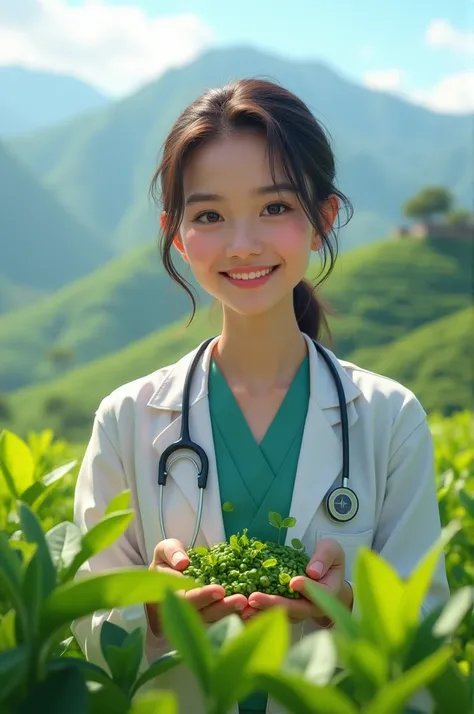 burmese female doctor smiling while picking green tea on the mountain.  a girl