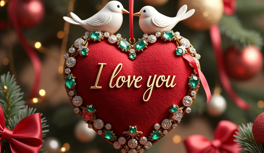 a red fur-textured heart ornament surrounded by a circle of diamonds and emeralds, topped with two white birds holding satin rib...