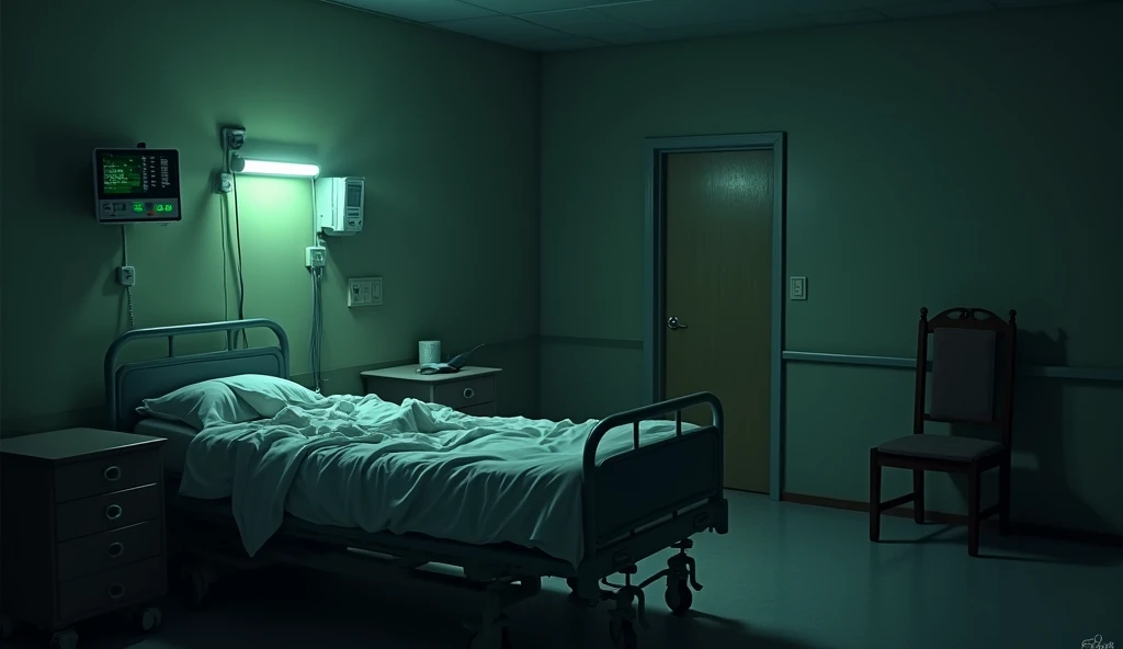 a dreary hospital room at night ,  illuminated only by a heart monitor with a flashing green light .  an old wooden chair is in ...