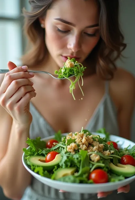 beautiful woman eating green salad