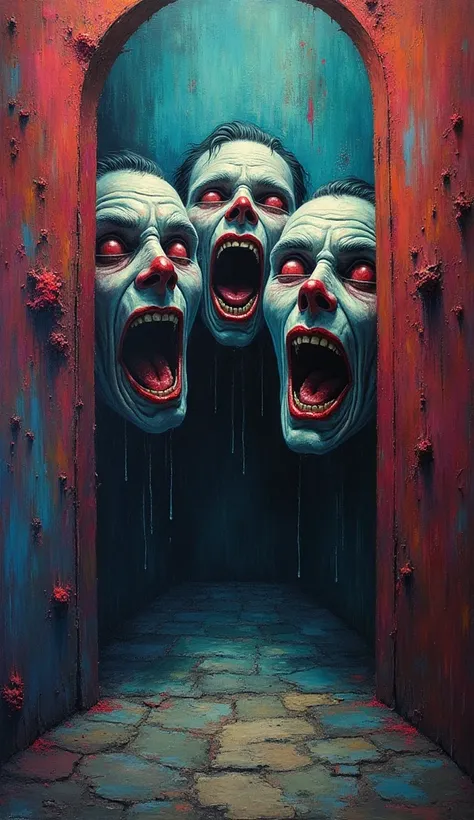 a vibrant, eerie painting inside a room, depicting the faces of trapped souls screaming in agony, blending perfectly into the co...