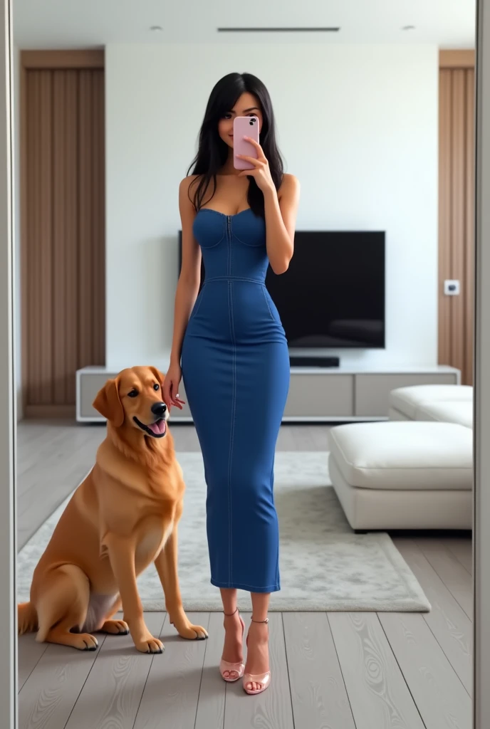 woman 30 years, long straight black hair, wearing sleeveless long royal blue fitted jean tube dress with clear very high heel sl...