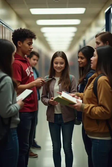 vignette 9 : RECONCILIATION
Scene : school hallway , days later
Description : Students offering help to Girl 1
Key Elements...