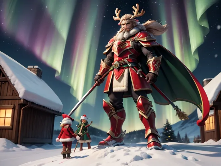 A snowy nighttime fantasy scene featuring three unique warriors standing atop a hill. Above them, the aurora borealis lights up ...