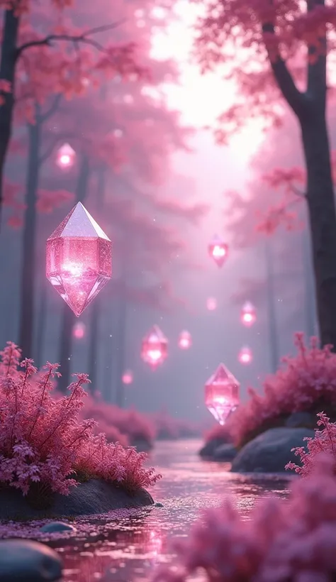 gems sparkling in the pink world、 real、floating gems 、 beautiful scenery 、 in the woods、transparent