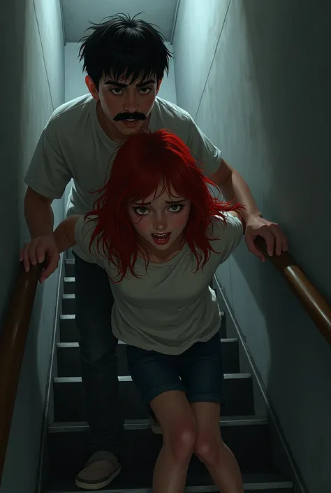 boy with mustache pushing red haired girl down the stairs