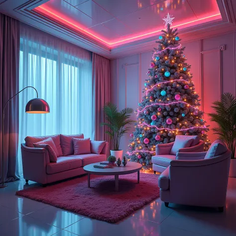 masterpiece, highest quality, (futuristic:1.5) christmas living room, (Robot Barbie:1.4) with metallic features, neon accents, (...