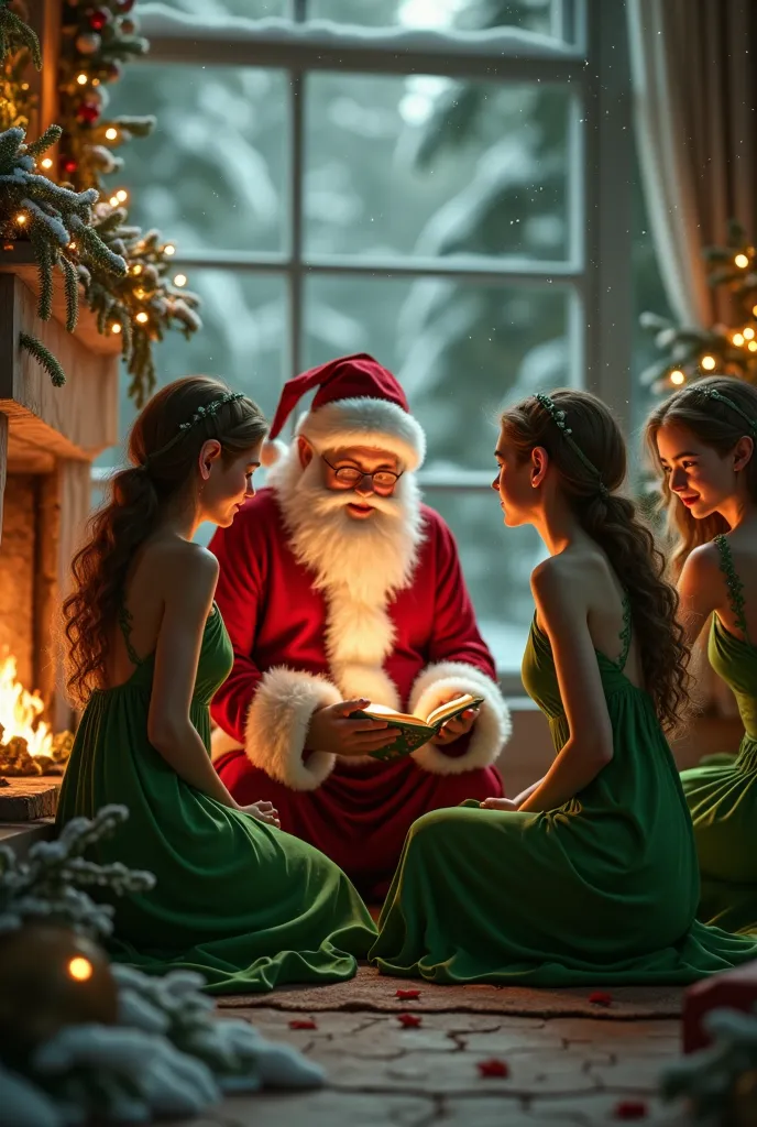 the sexy elves with their little green dresses on their backs listening to santa claus