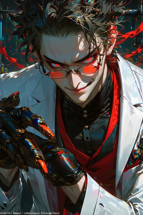 masterpiece, best_quality, distinct_image, laboratory, 1boy, scientist, chemist, menhera, long_eyelashes, red_eyes, glowing_pupi...