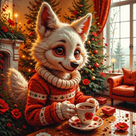 Highly detailed dynamic shot of a majestic, adorable baby wolf in a cozy Christmas living room, drinking from a tiny festive cup...
