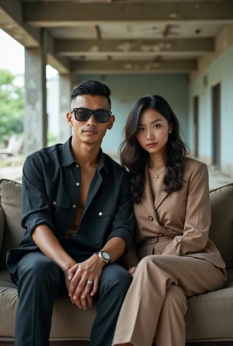 portrait of a 25 year old indonesian man with short undercut hair, branded clothes, sunglasses, sitting on a sofa with a 25 year...