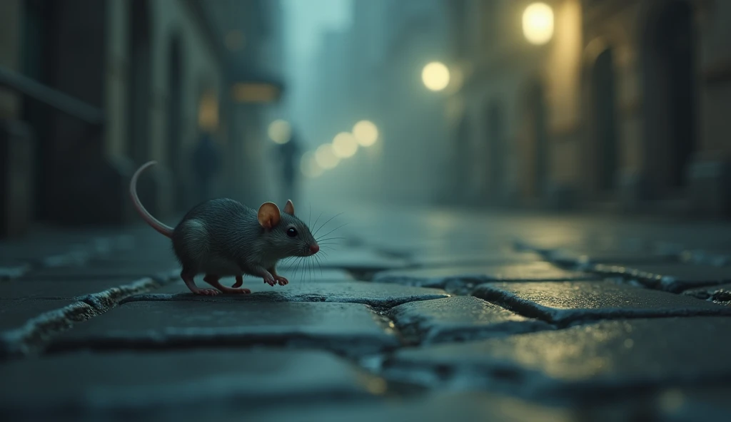 A mouse in the blurry street. 