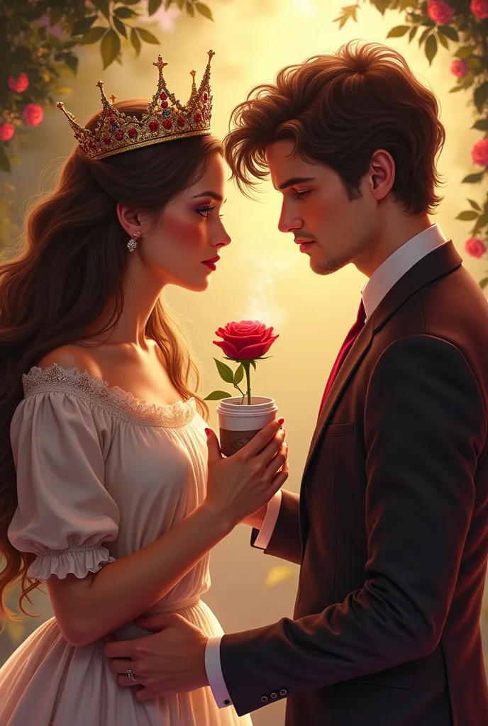 poppy drayton hair down as waitress holding a coffee cup wearing crown and daniel sharman as a prince holding a rose as a book c...