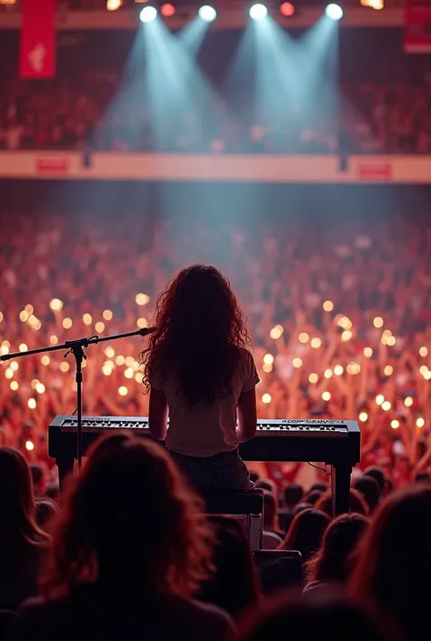 a girl with curly hair ,  plays the piano and sings with emotion on a stadium stage in front of a crowd of people. three-quarter...