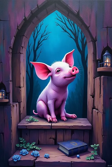 style gotic little pig fragmented violet and blue painting a book on a castle made of wood