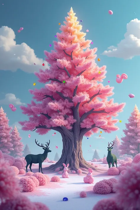 Crystal spruce , rainbow-colored , multi-colored, sparkles with different gems on spruce branches, pink snow , purple bunnie...
