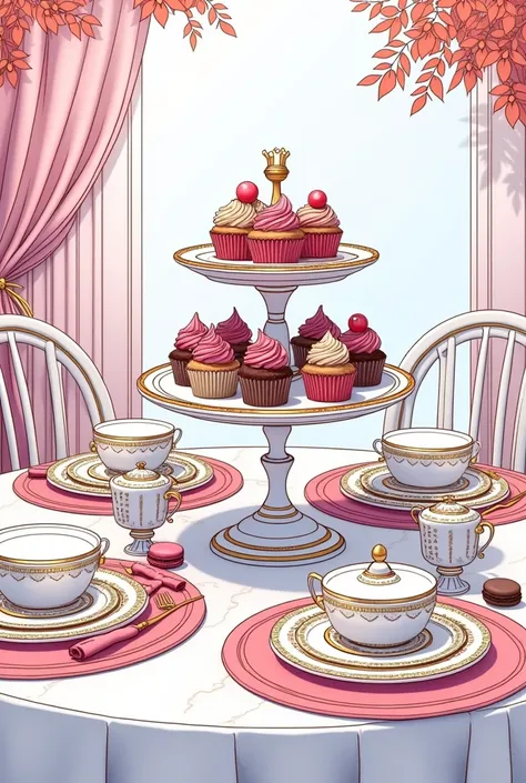 color book page, easy to color, 3d, fancy, cupcakes and macarons on a decorative cake platter, on a table with placemats and cha...