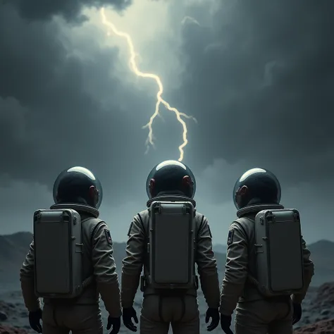 a photograph where 3 chimpanzees appear in astronaut suits and on their backs watching a devastating storm come their way, this ...