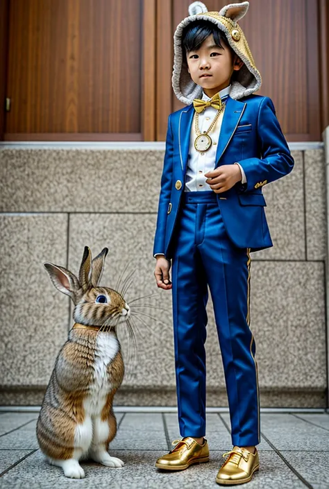   A  Korean boy wearing a rabbit tiara , a blue suit with gold details ,  a blue shoe with rabbit feet and a furry hood on the b...