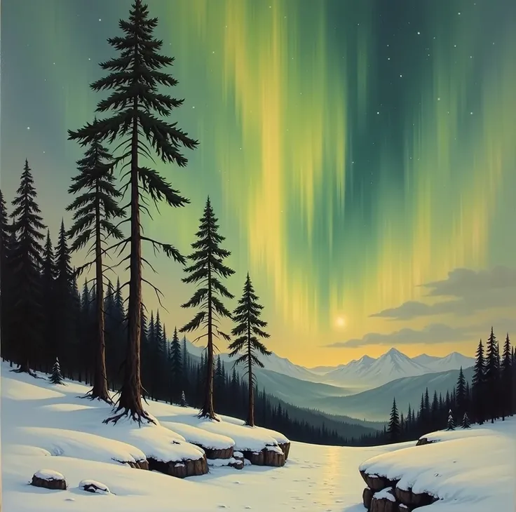 a winter landscape painting depicts a snow-covered valley under a vibrant aurora borealis.  tall pine trees stand silhouetted ag...