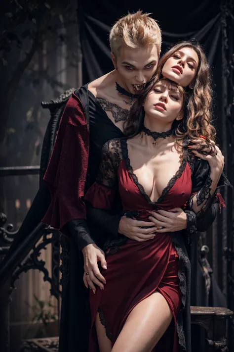 vampire lord man dressed in elegant and sumptuous clothing biting the neck of a female vampire lord {{blonde, big bust,  sexy pu...