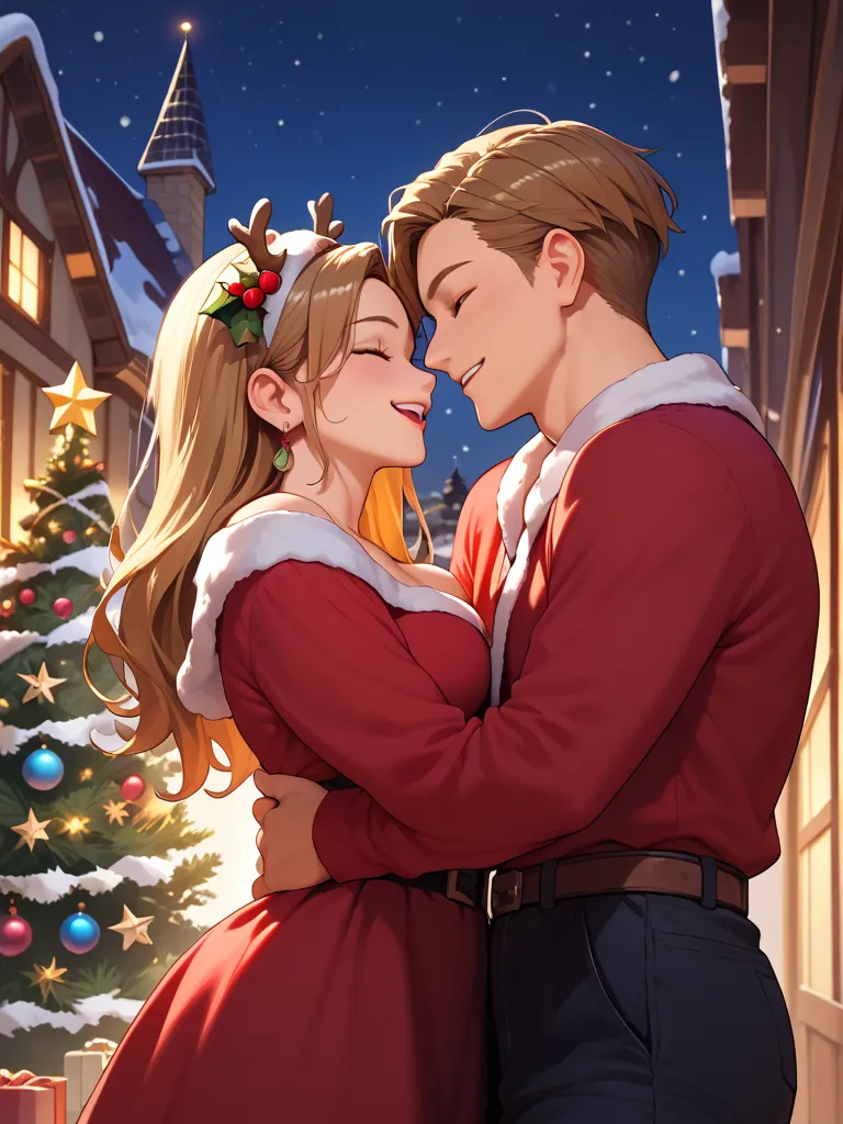 romantic atmosphere ,  very detailed,  high resolution , ​masterpiece, sharp focus,  official art , christmas,couple, man and wo...