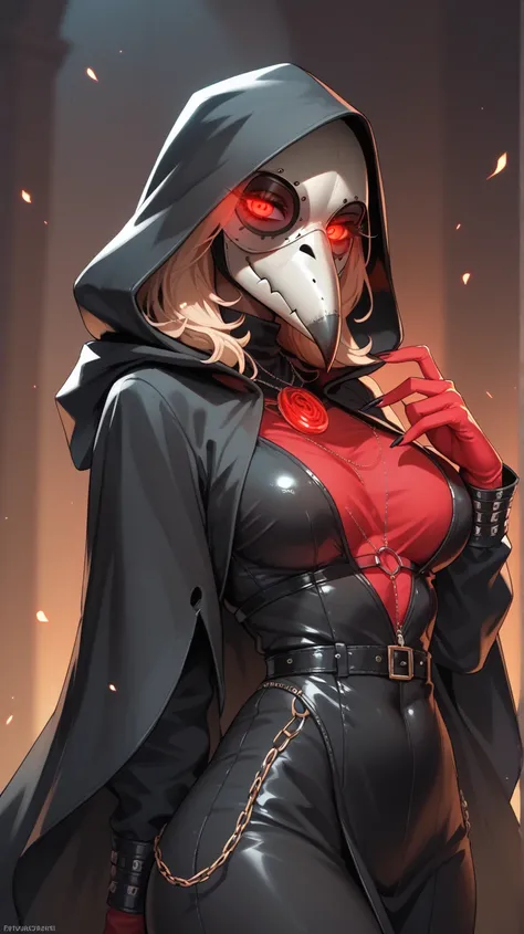 sexy woman, plague doctor, black hooded suit, black plague doctor mask with beak, red glowing eyes