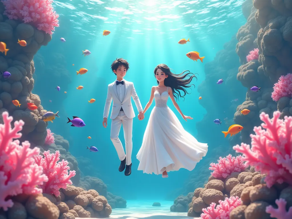 a wedding couple, a man and a woman,  wearing white wedding dresses, snorkeling with pink coral and many fish anime 3d