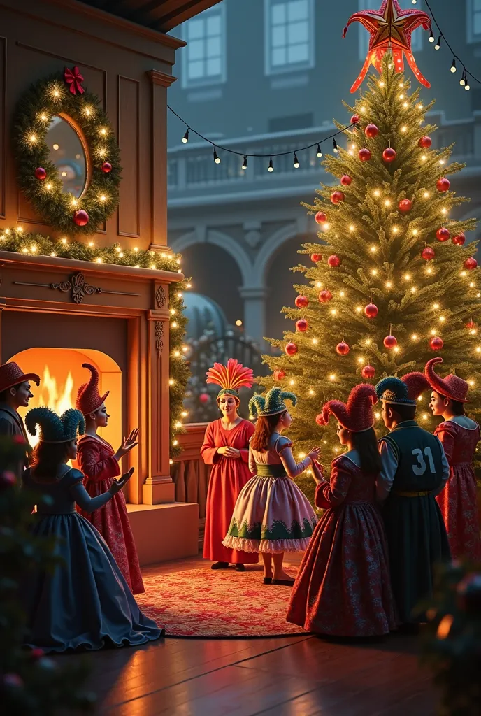 christmas scene, celebration, tree, fireplace, evening, people in carnival costumes