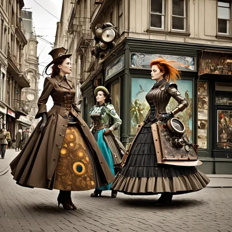 there are 2 robots standing on the street,  detailed steampunk dress ,  cinematic style pictures fluttering in the wind ,  two w...