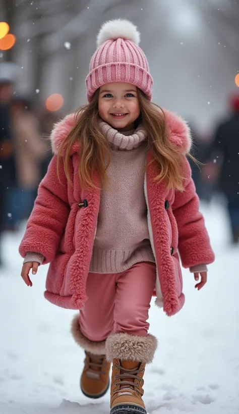 a very rich and very classy baby girl who is doing a fashion show in a beautiful winter outfit with all the accessories necessar...