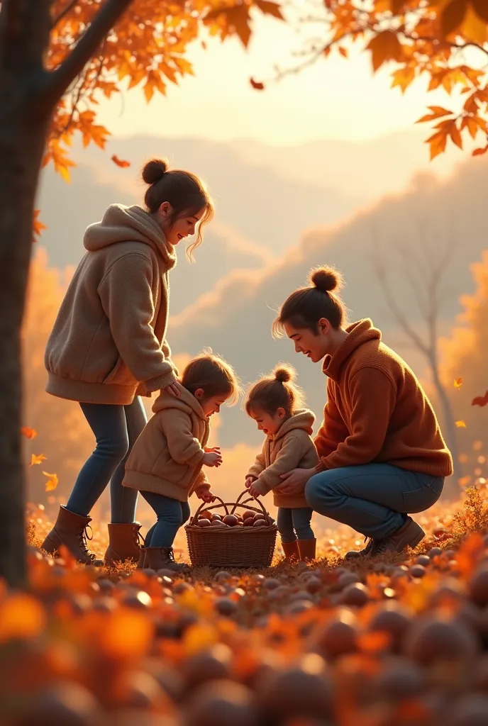 the family picks chestnuts in autumn