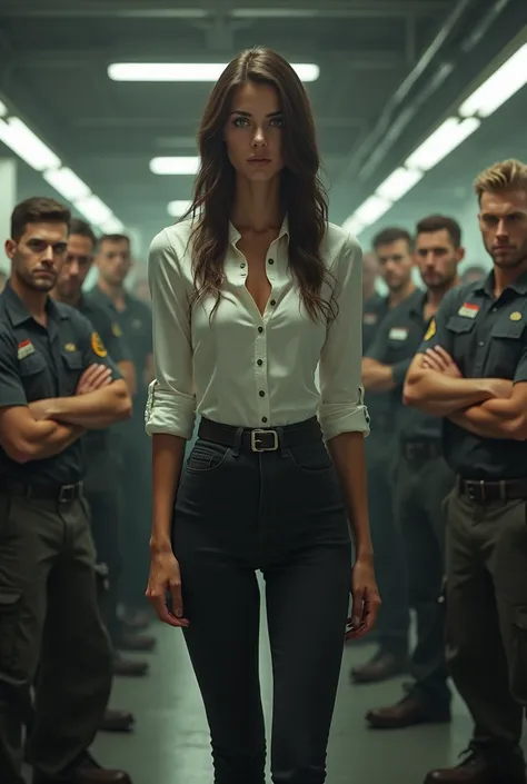 a mafia woman that is standing among her workers , intimidatingly , white  skintight buttoned shirt tucked in skintight pants an...