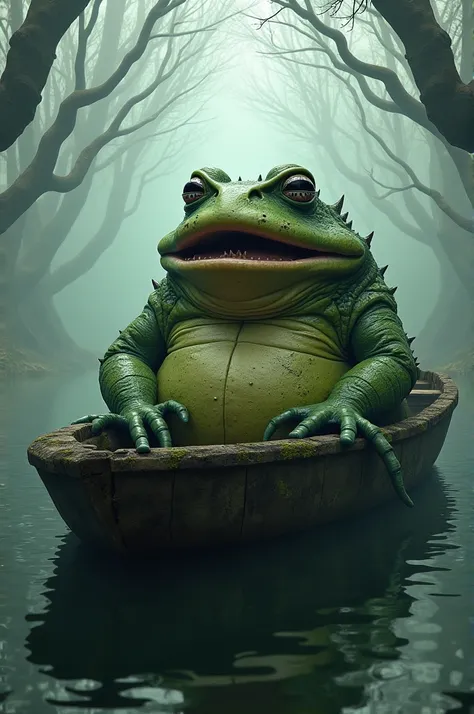 here is the image of the big frog hybrid creature sitting in a boat. let me know if you'd like any changes or additional details...