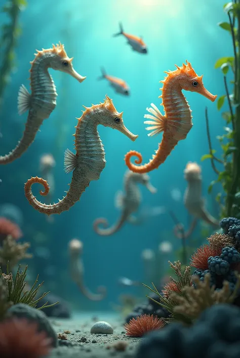 sea horses eating fish